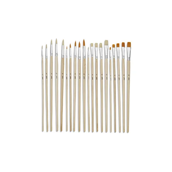 Pochette de 20 pinceaux Plats & Ronds assortis - soie beau blanc & polyamide doré - Manche long