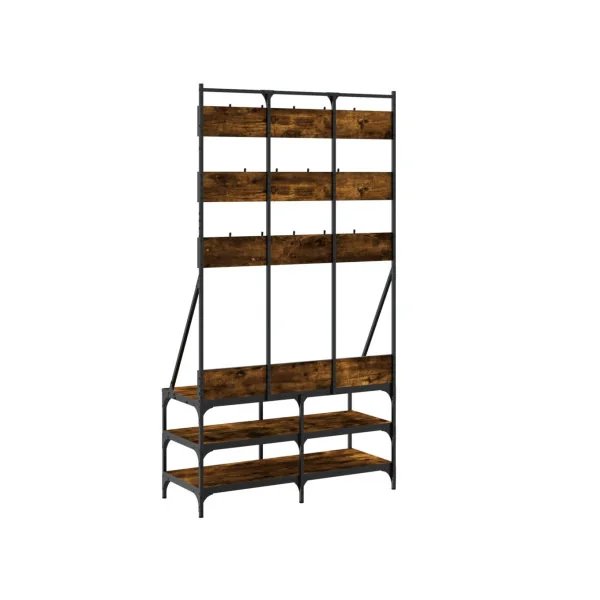 Portant Industriel à Vêtements 14 Patères 3 Etagères Porte Manteaux d'Entrée Métal et Brun