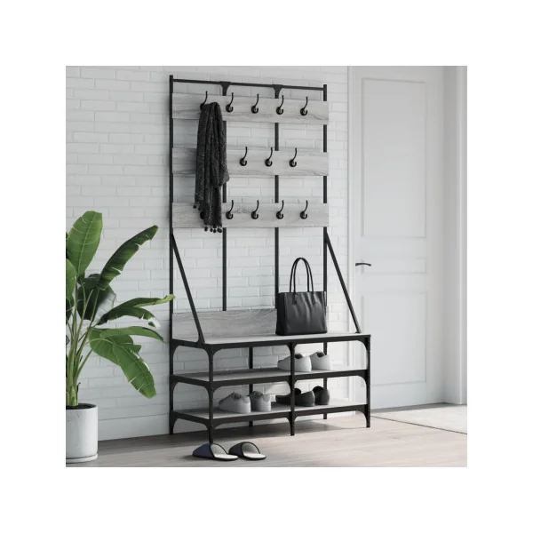 Portant Industriel à Vêtements 14 Patères 3 Etagères Porte Manteaux d'Entrée Métal et Chêne Gris