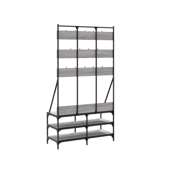 Portant Industriel à Vêtements 14 Patères 3 Etagères Porte Manteaux d'Entrée Métal et Chêne Gris