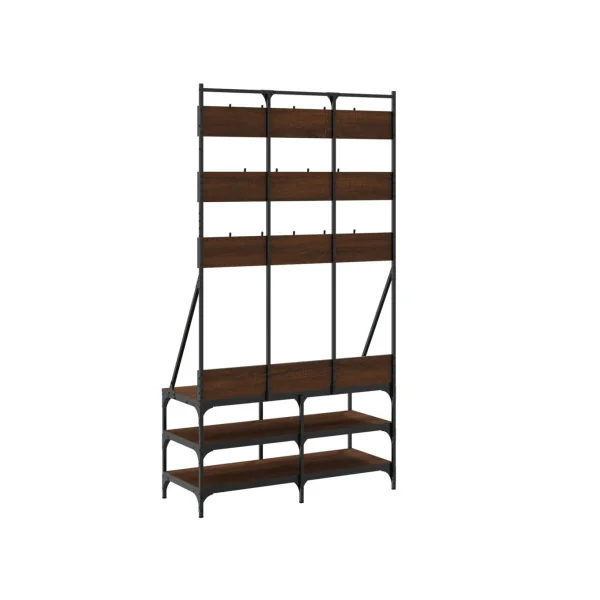 Portant Industriel à Vêtements 14 Patères 3 Etagères Porte Manteaux d'Entrée Métal et Chêne Marron