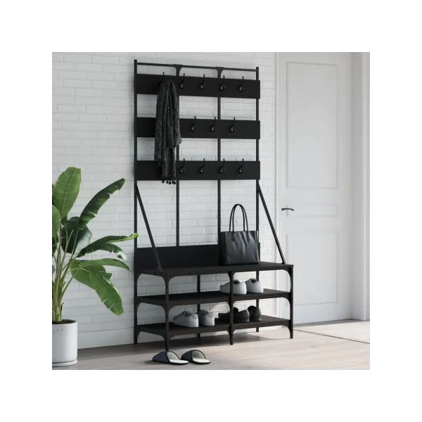 Portant Industriel à Vêtements 14 Patères 3 Etagères Porte Manteaux d'Entrée Métal et Noir