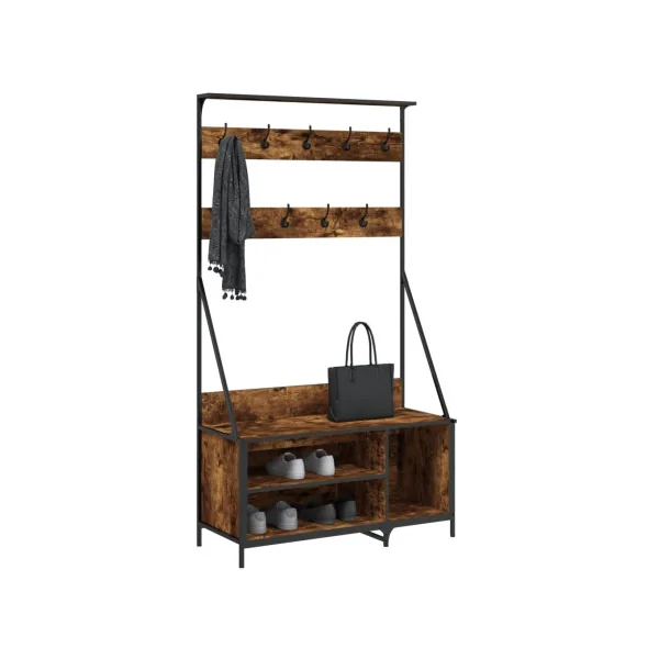 Portant Industriel à Vêtements 9 Patères et Rangement Porte Manteaux d'Entrée Métal et Chêne Fumé