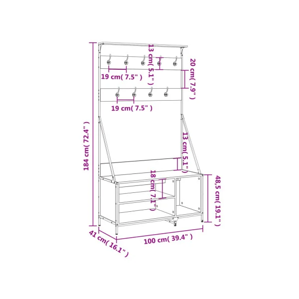 Portant Industriel à Vêtements 9 Patères et Rangement Porte Manteaux d'Entrée Métal et Chêne Gris