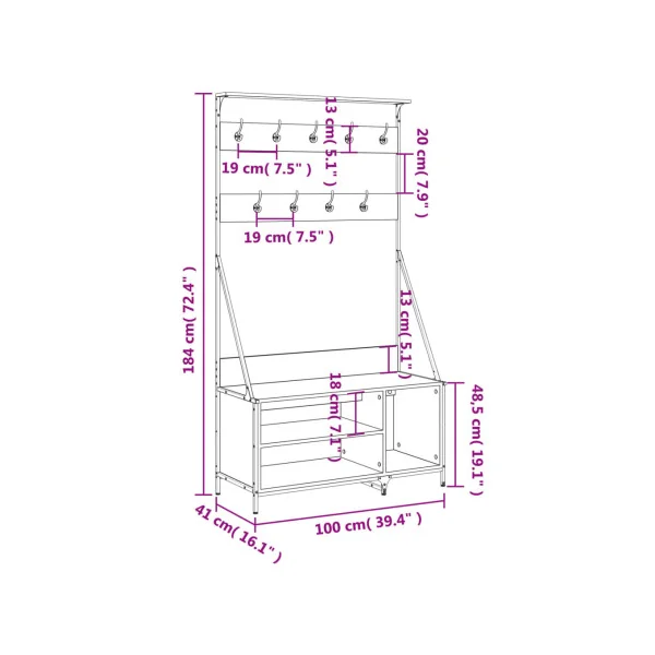 Portant Industriel à Vêtements 9 Patères et Rangement Porte Manteaux d'Entrée Métal et Chêne
