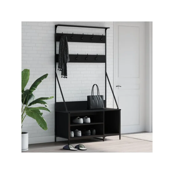 Portant Industriel à Vêtements 9 Patères et Rangement Porte Manteaux d'Entrée Métal et Noir