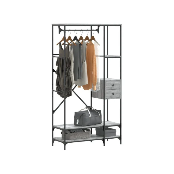 Portant à Vêtements 2 Tiroirs Porte Manteaux d'Entrée Métal et Chêne Gris