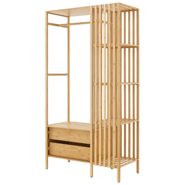 Porte Manteaux Bambou avec Etagères et 12 Tiroirs Portant Bois Naturel