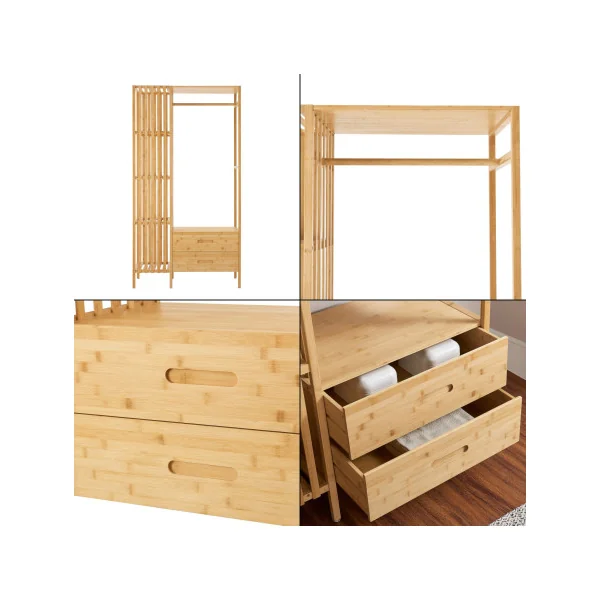 Porte Manteaux Bambou avec Etagères et 12 Tiroirs Portant Bois Naturel
