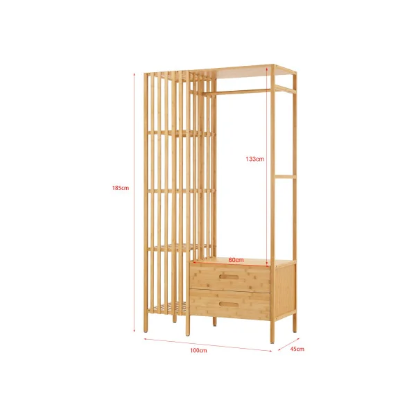 Porte Manteaux Bambou avec Etagères et 12 Tiroirs Portant Bois Naturel
