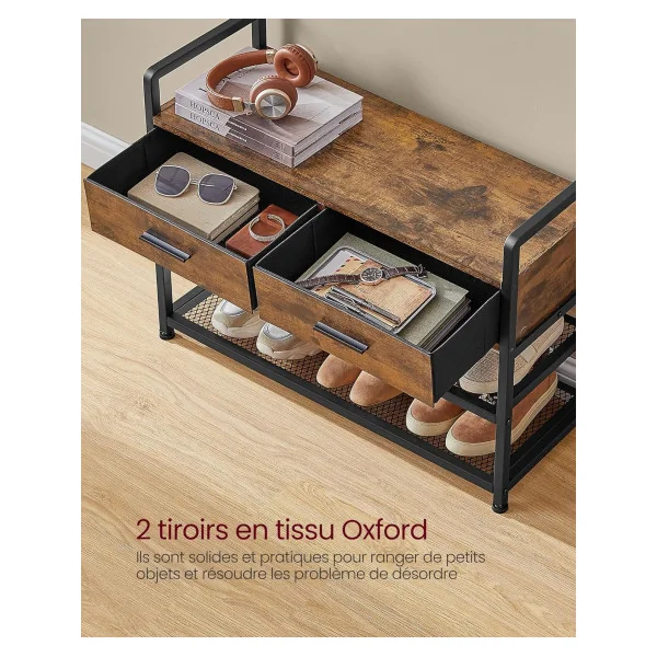 Porte Manteaux Industriel 10 Patères Meuble d'Entrée avec 2 Tiroirs Etagère Marron Rustique et Noir