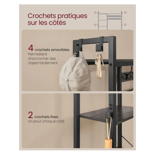 Porte Manteaux Industriel avec Crochets et Etagères Gris Pierre et Noir Meuble d'Entrée Porte Chaussures