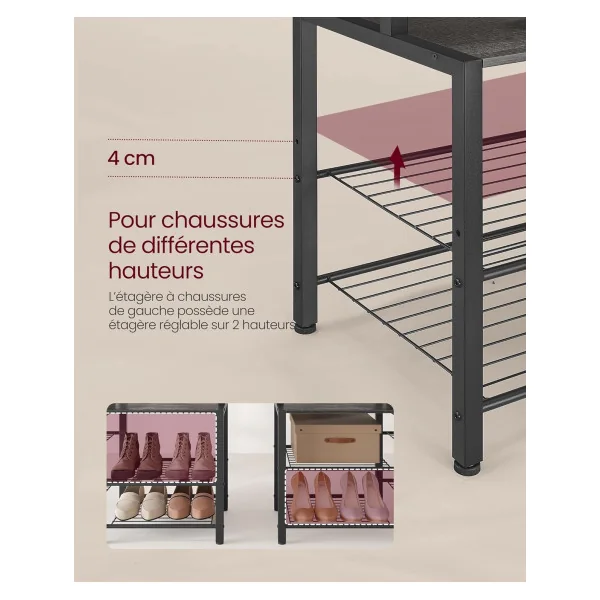 Porte Manteaux Industriel avec Crochets et Etagères Gris Pierre et Noir Meuble d'Entrée Porte Chaussures