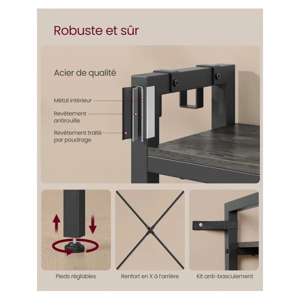 Porte Manteaux Industriel avec Crochets et Etagères Gris Pierre et Noir Meuble d'Entrée Porte Chaussures