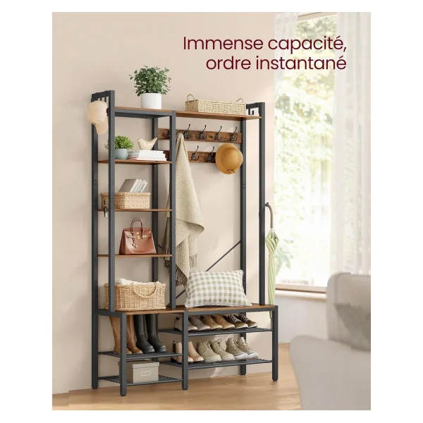 Porte Manteaux Industriel avec Crochets et Etagères Marron Rustique et Noir Meuble d'Entrée Porte Chaussures