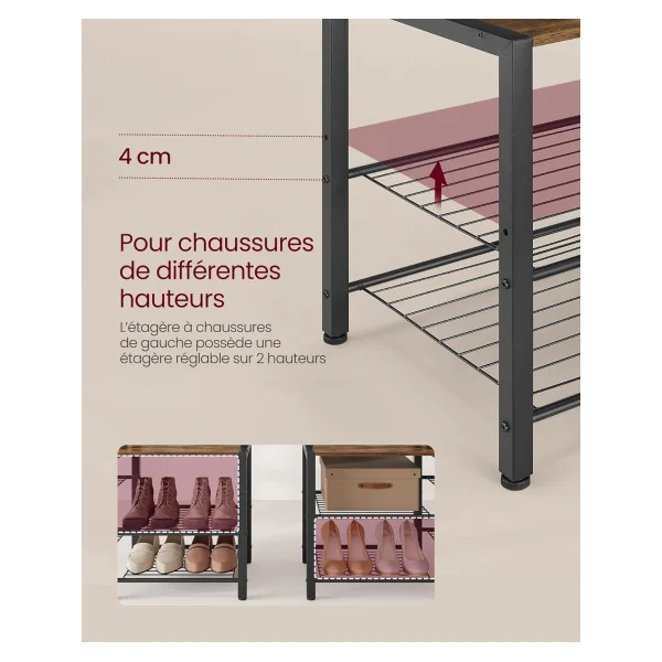 Porte Manteaux Industriel avec Crochets et Etagères Marron Rustique et Noir Meuble d'Entrée Porte Chaussures