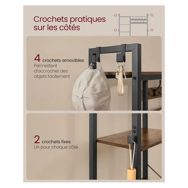Porte Manteaux Industriel avec Crochets et Etagères Marron Rustique et Noir Meuble d'Entrée Porte Chaussures
