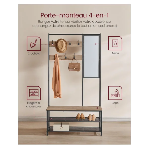 Porte Manteaux Industriel avec Miroir Marron Camel Meuble Chaussures Rangement Chaussures Meuble d'Entrée Industriel