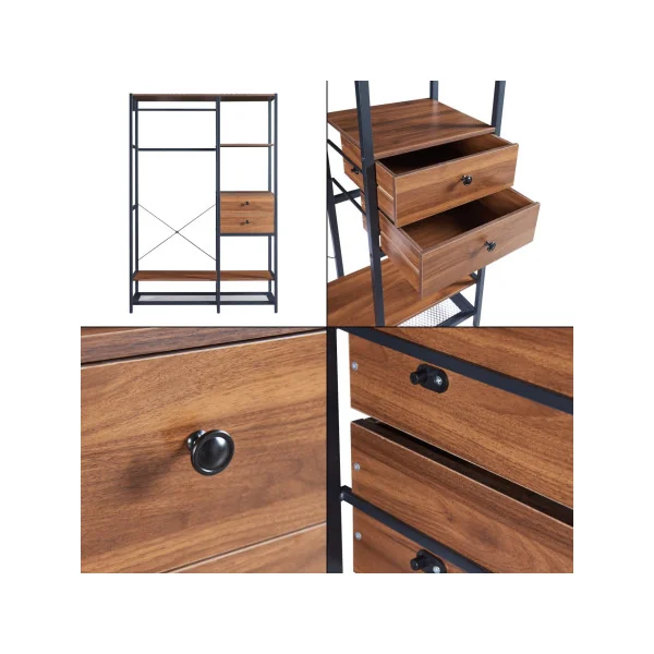 Porte Manteaux Industriel Meuble d'Entrée avec 2 Tiroirs Etagère Noyer et Noir