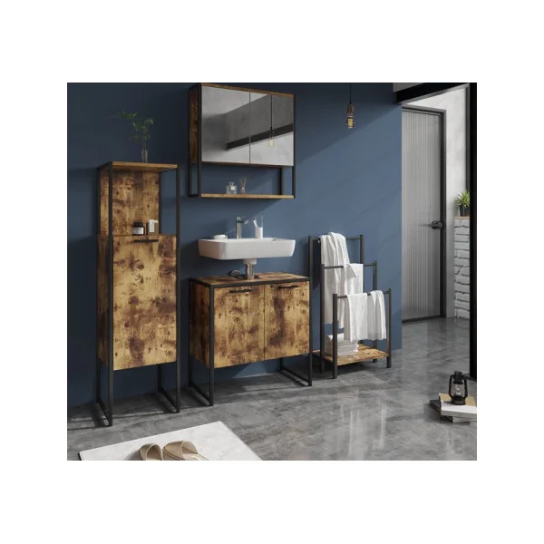 Porte Serviettes Salle de Bain Portant Serviette de Douche Chêne et Métal Noir