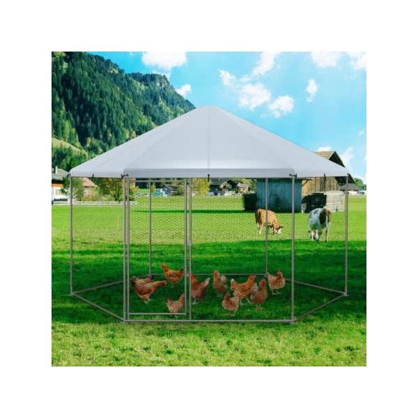 Poulailler Grillagé 280x244x250 cm Enclos Grillagé Hexagonal Parc Poule Extérieur