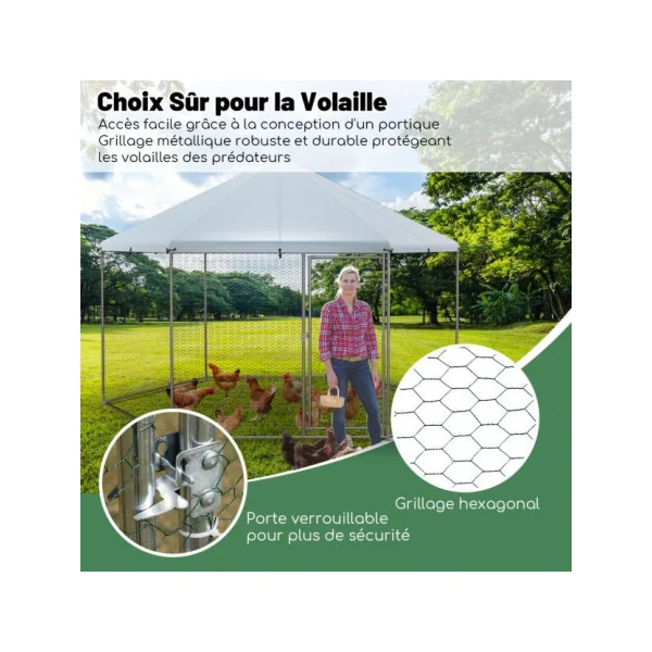 Poulailler Grillagé 280x244x250 cm Enclos Grillagé Hexagonal Parc Poule Extérieur