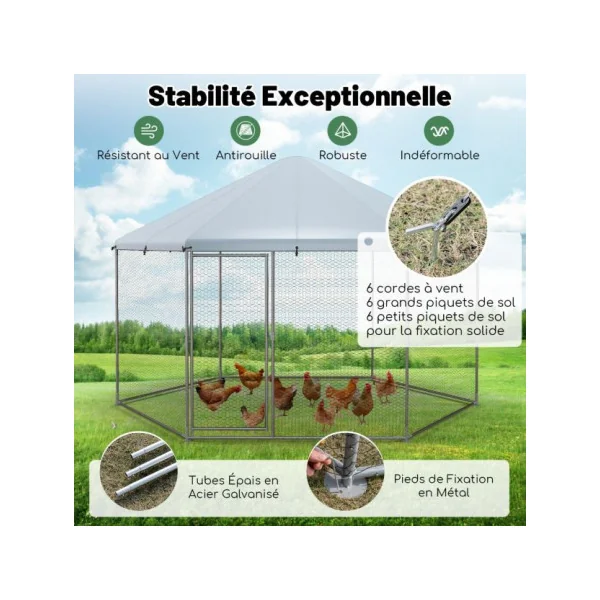 Poulailler Grillagé 280x244x250 cm Enclos Grillagé Hexagonal Parc Poule Extérieur