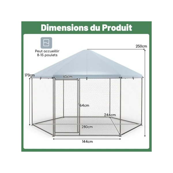 Poulailler Grillagé 280x244x250 cm Enclos Grillagé Hexagonal Parc Poule Extérieur