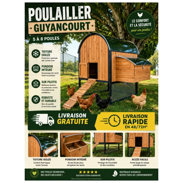 Poulailler Guyancourt 5 à 8 poules Toiture Isolée avec Pondoir Poulailler Sur Pilotis