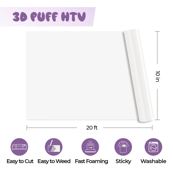 Rouleau de Vinyle Thermocollant Blanc Puff 3D 25.4cmx3.6576m – compatible avec les lasers