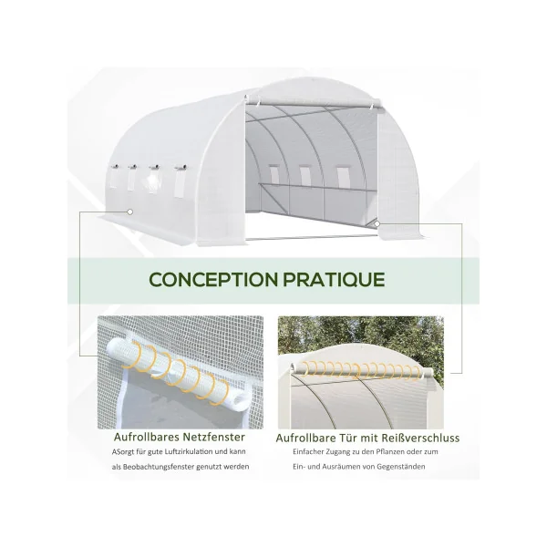 Serre de Jardin 6x3x2m Blanche 8 Fenêtres Serre Tunnel Serre Potager Serre Maraichère 18m²