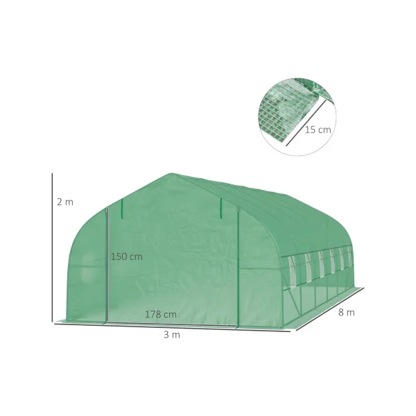 Serre de jardin 8x3x2m Verte Serre Tunnel Serre Potager Serre Maraichère 24m²