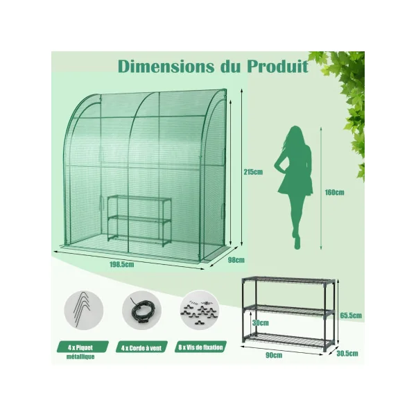 Serre de Jardin Adossée Verte 2x1x2,15 m Serre Hivernage Plantes
