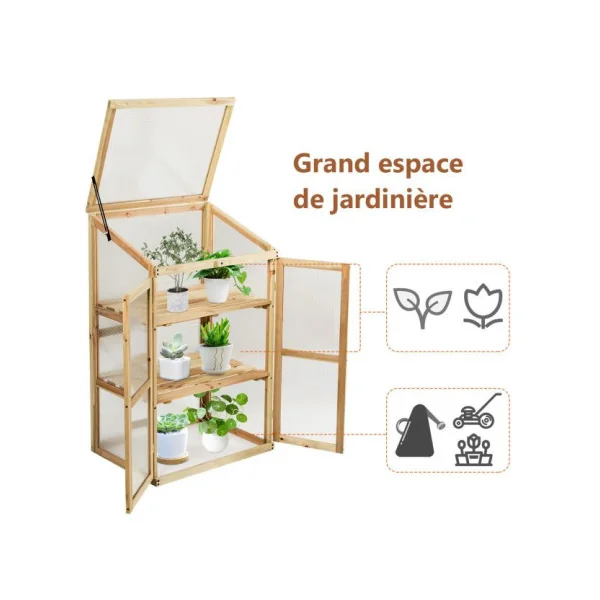 Serre de Jardin en Polycarbonate avec Etagères 3 Niveaux Serre Balcon Bois de Sapin