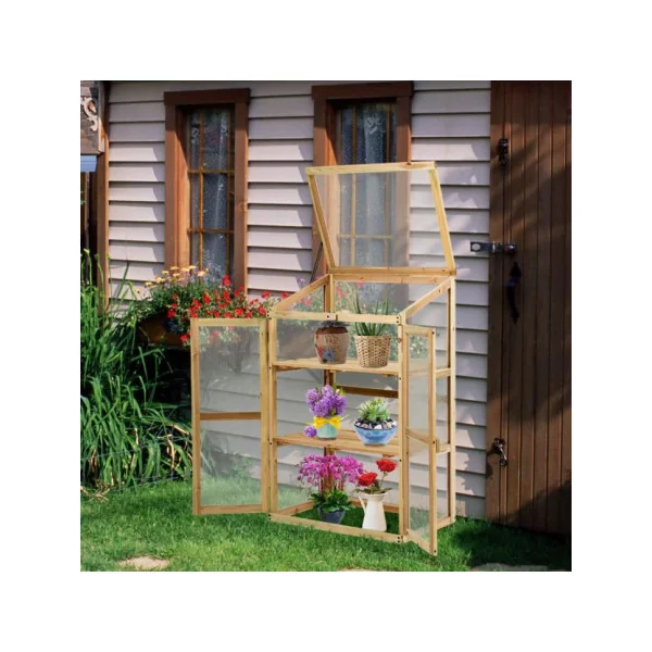 Serre de Jardin en Polycarbonate avec Etagères 3 Niveaux Serre Balcon Bois de Sapin