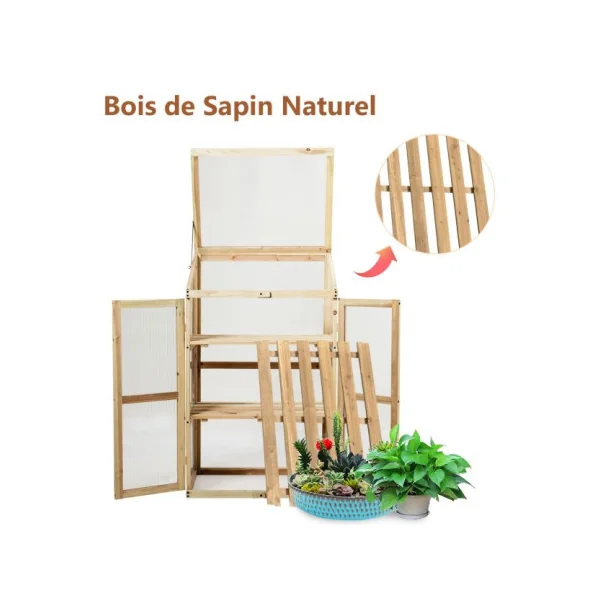 Serre de Jardin en Polycarbonate avec Etagères 3 Niveaux Serre Balcon Bois de Sapin
