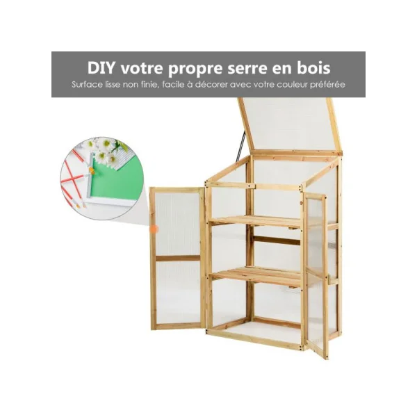 Serre de Jardin en Polycarbonate avec Etagères 3 Niveaux Serre Balcon Bois de Sapin