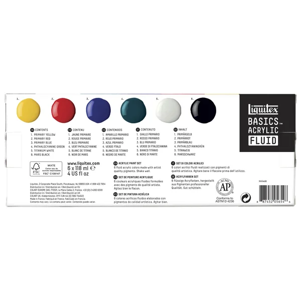 Set de 6 couleurs de 118 ml de peinture acrylique fine Basics Fluid LIQUITEX