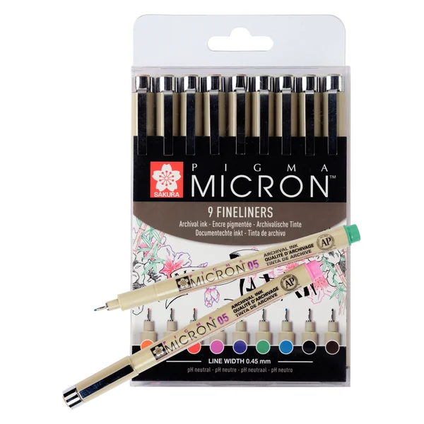 Set de 9 feutres couleurs assorties Pigma micron 0,45 mm