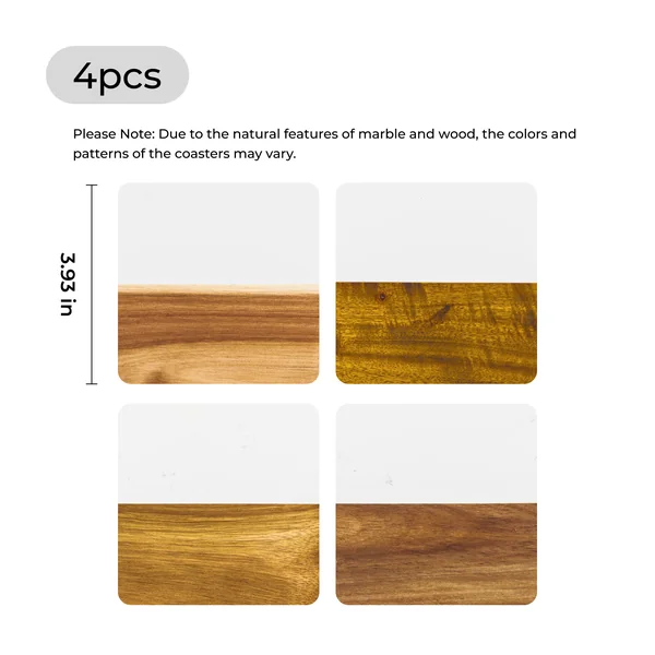 Sous-verres carrés en marbre blanc et bois (4 pcs)