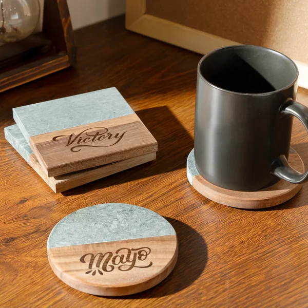 Sous-verres carrés en marbre vert foncé et bois (4 pcs)