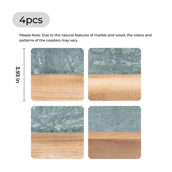 Sous-verres carrés en marbre vert foncé et bois (4 pcs)