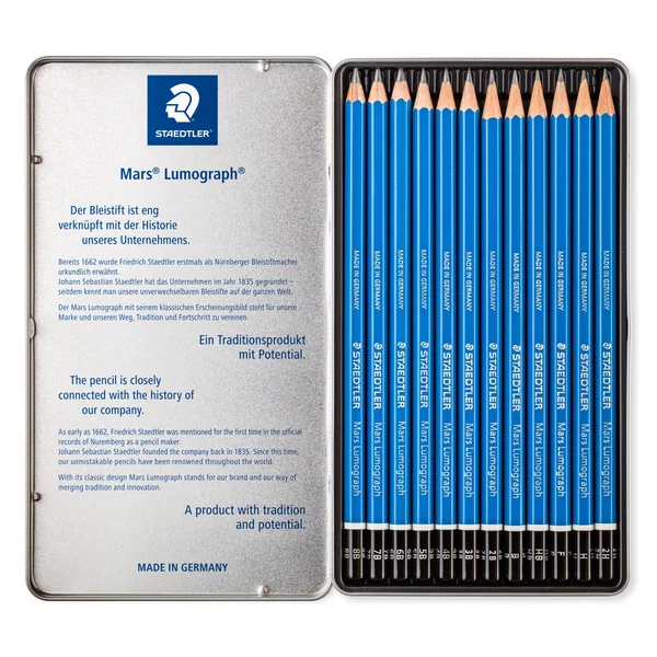 STAEDTLER - Crayons graphite - Mars Lumograph 100 - Boîte métal 12 crayons graphite assortis (8B, 7B, 6B, 5B, 4B, 3B, 2B, B, HB, F, H, 2H) - 100 G12 S