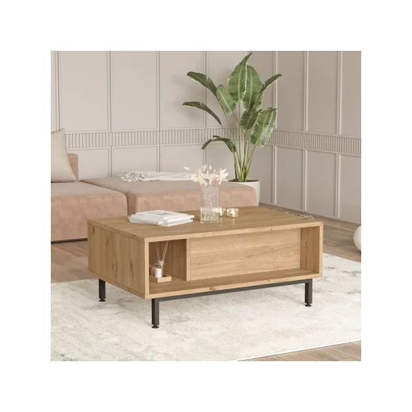 Table Basse Aspect Chêne et Rotin Table de Salon Pieds Métal