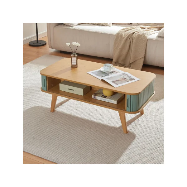 Table Basse Bambou et Bleu Table de Salon Bambou Naturel Portes Coulissantes