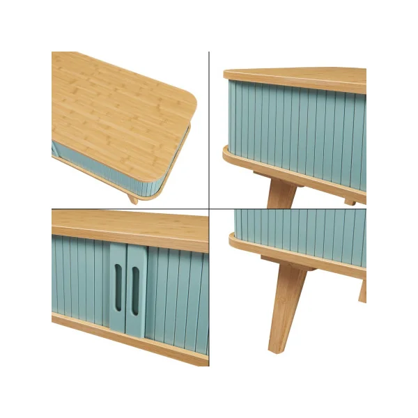 Table Basse Bambou et Bleu Table de Salon Bambou Naturel Portes Coulissantes