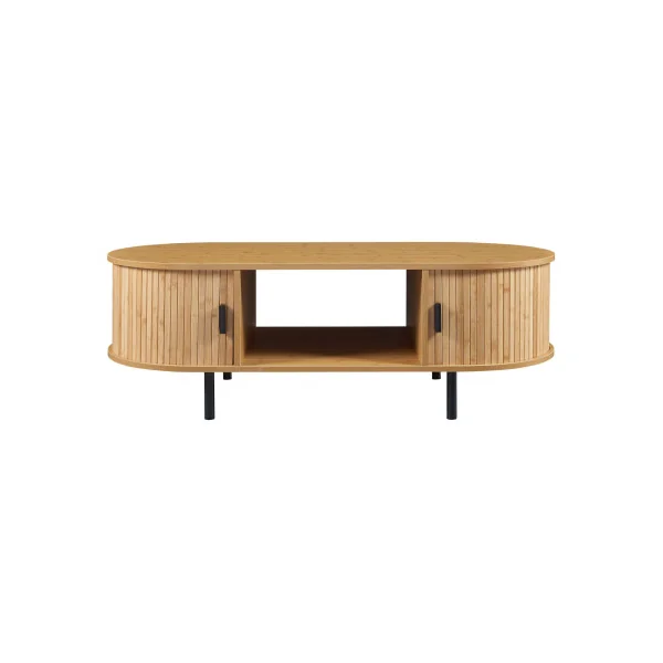 Table Basse Bambou Pieds Métal Noir Table de Salon Bambou Naturel Portes Coulissantes