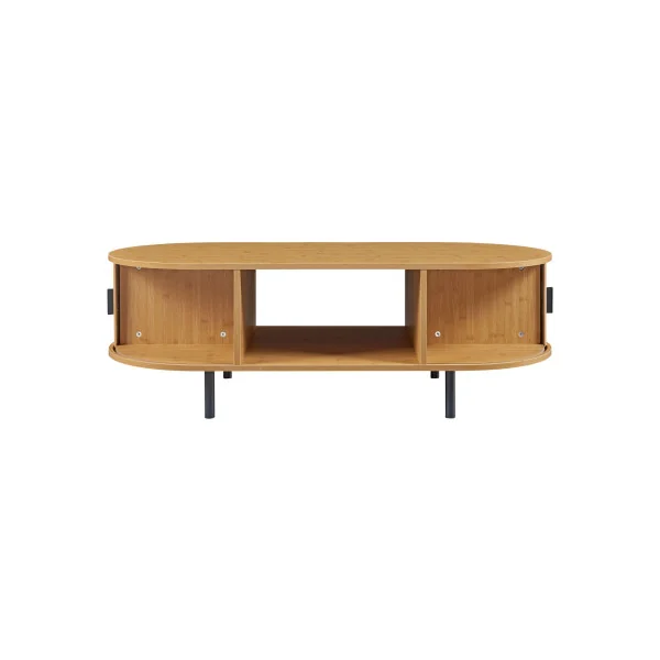 Table Basse Bambou Pieds Métal Noir Table de Salon Bambou Naturel Portes Coulissantes
