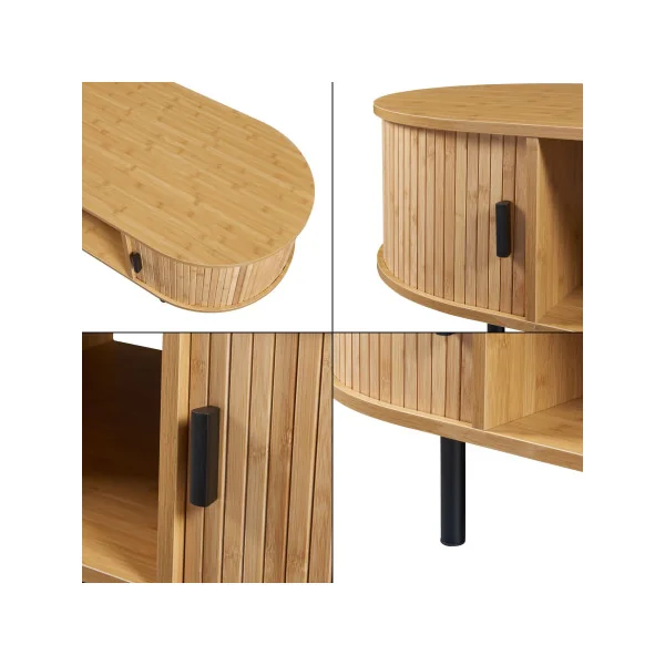 Table Basse Bambou Pieds Métal Noir Table de Salon Bambou Naturel Portes Coulissantes