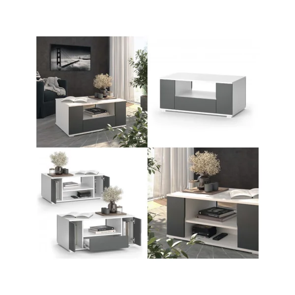 Table Basse Blanche et Anthracite Spacieuse avec Tiroir Rangement Table Basse Rectangulaire Salon